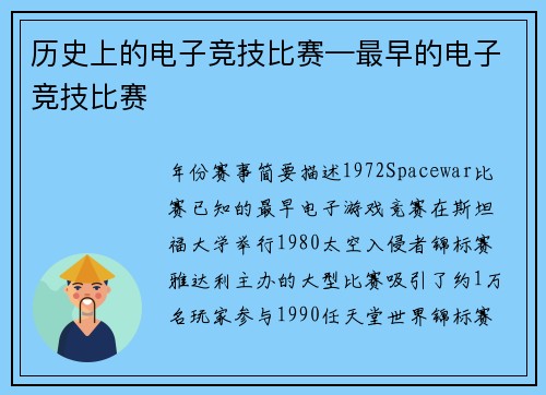 历史上的电子竞技比赛—最早的电子竞技比赛